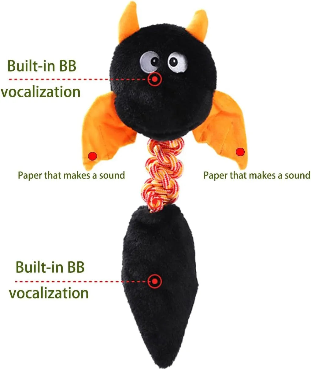 Plush cartoon dog toy with rope knot, shown in assorted colours for large dogs.