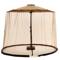 Large beige outdoor umbrella tent with full mosquito netting walls providing shade and insect protection.