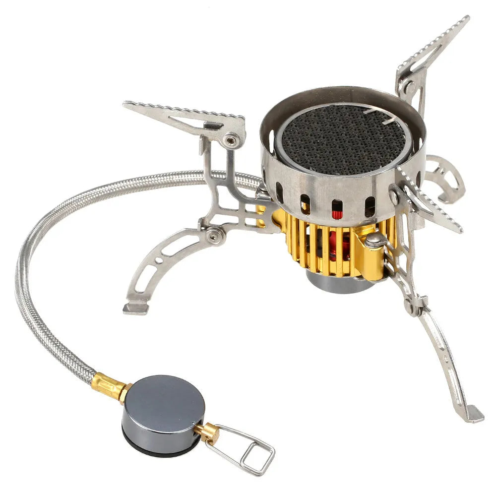 Silver portable camping stove head with windproof infrared burner and plastic storage box