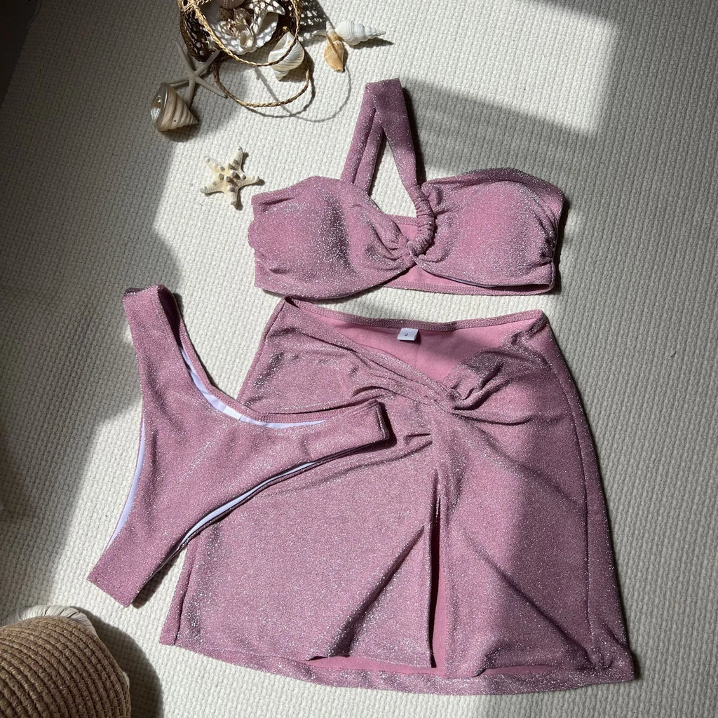 Women's one-shoulder tube top three-piece swimsuit set in glossy polyester fabric