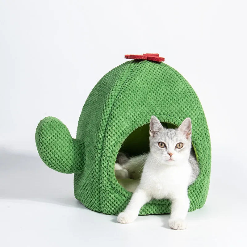 Dark green enclosed tent-style cat bed with soft interior mat for kittens and small dogs