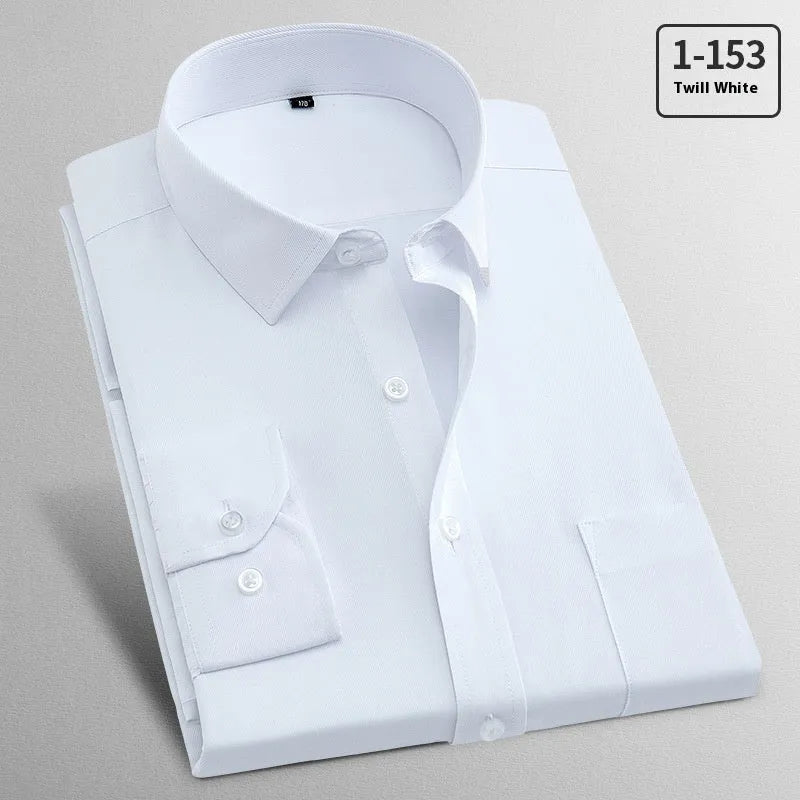 Men's white long sleeve flax business shirt shown alongside pink diagonal and red plain colour options