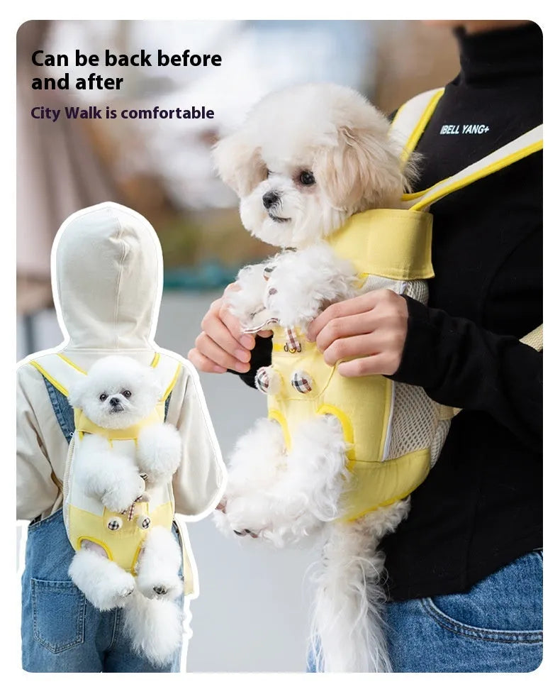 Soft canvas pet carrier bag with cartoon animal design showing colourful stitching details