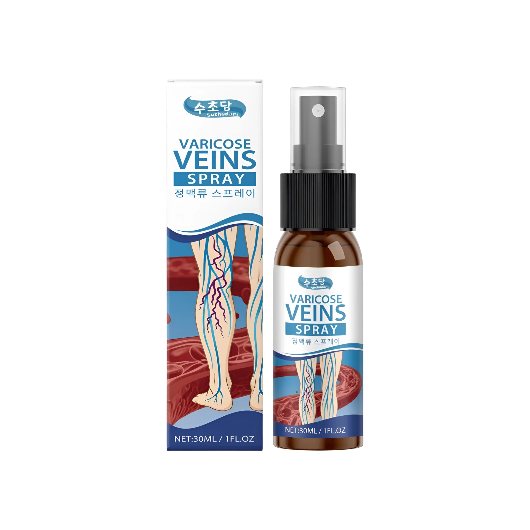 30ml leg soothing spray with menthol and panthenol in a clear bottle with green label
