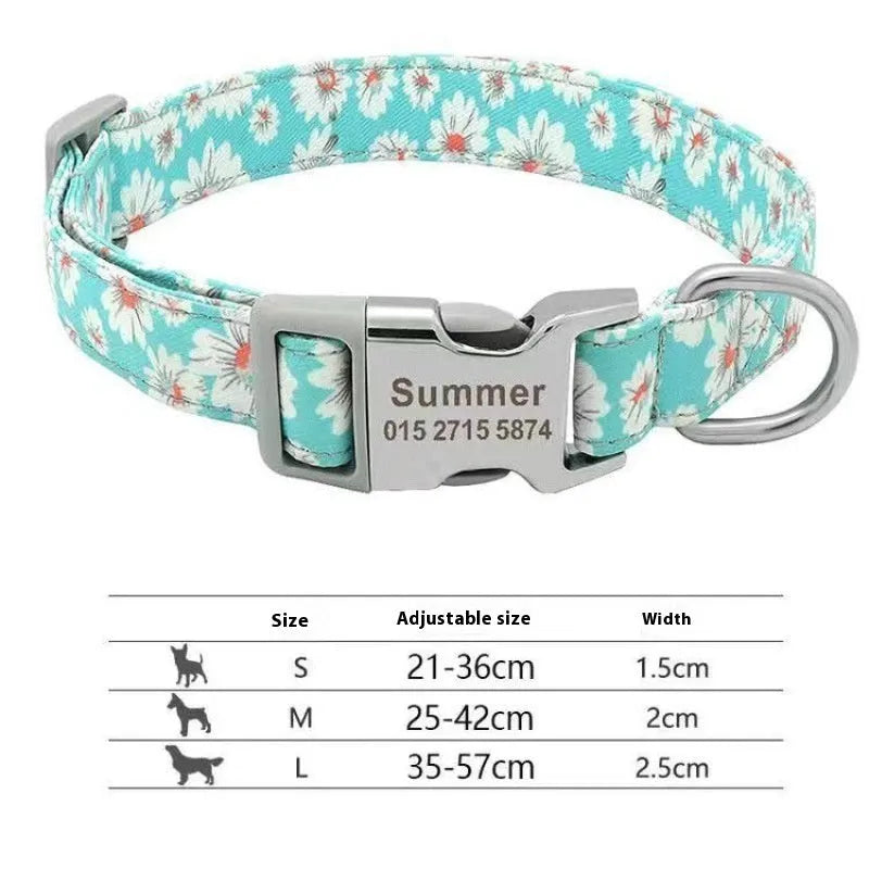 Colourful canvas dog collar with semi-metal buckle in striped floral pattern