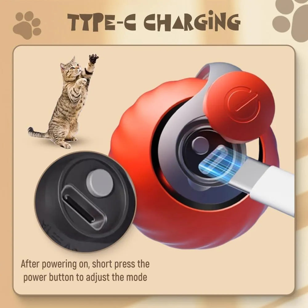 Interactive rolling ball pet toy in blue and red options showing motion-activated design for cats and dogs