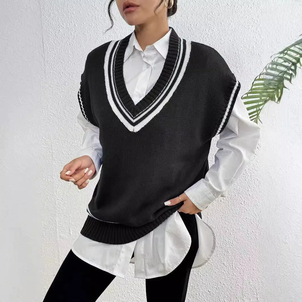 Women's loose fit wool vest sweater in blue coffee black colours with European American sizing