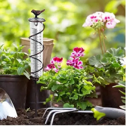 Cast iron bird rain gauge with glass measurement tube showing 0-800ml capacity and 1-20 scale