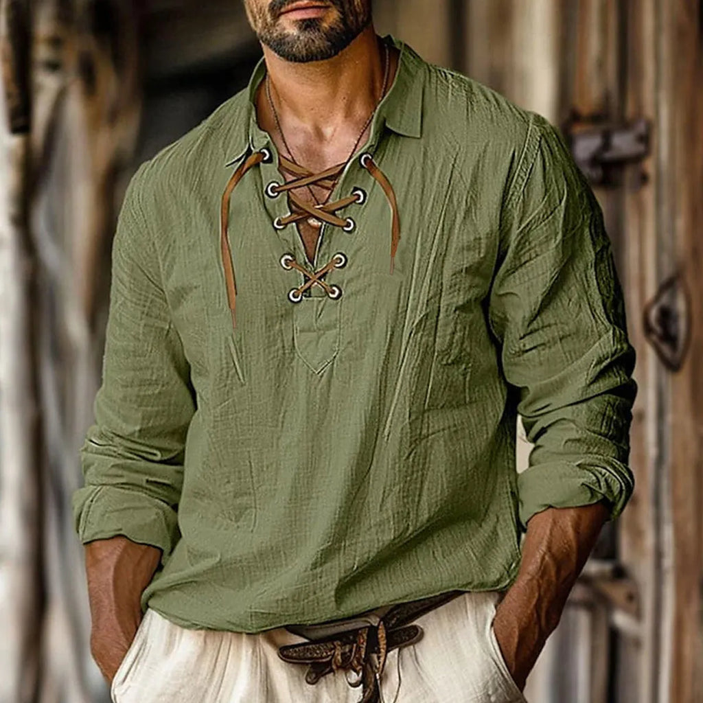 Men's blue plus size loose fit linen shirt with a lapel collar featuring white lace detail.