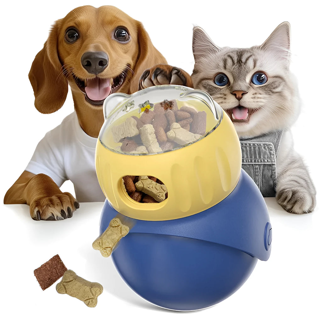 Morandi yellow and blue plastic owl-shaped cat puzzle feeder toy.