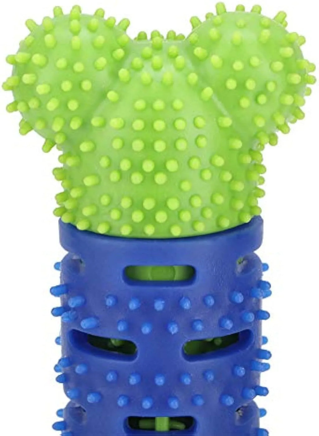 Blue-green silicone dog dental cleaning stick with serrated brush head and food crevice, 25cm long
