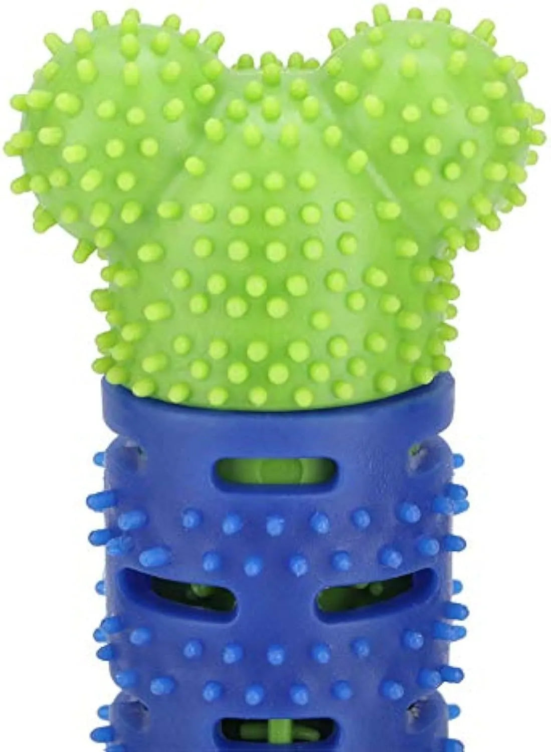 Blue-green silicone dog dental cleaning stick with serrated brush head and food crevice, 25cm long