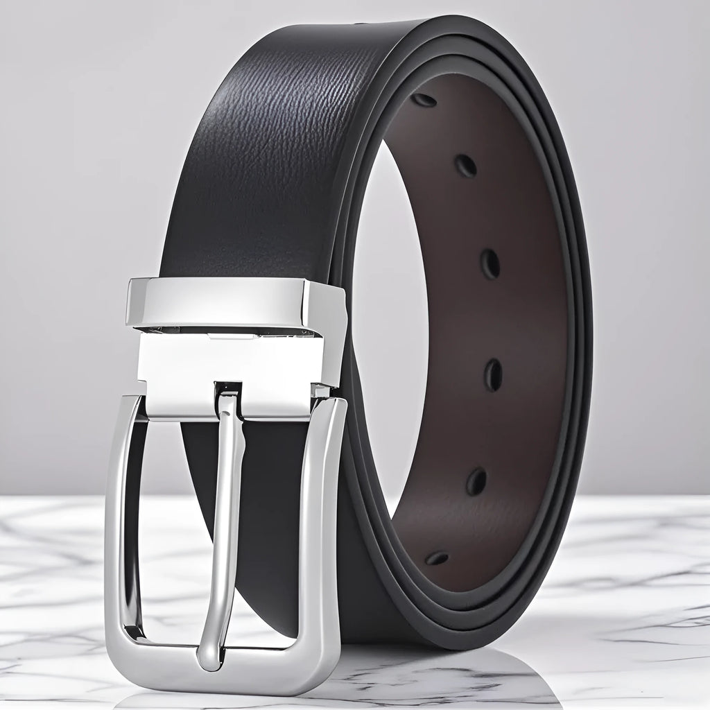 Men's brown genuine leather belt with alloy pin buckle showing embossed water flow pattern