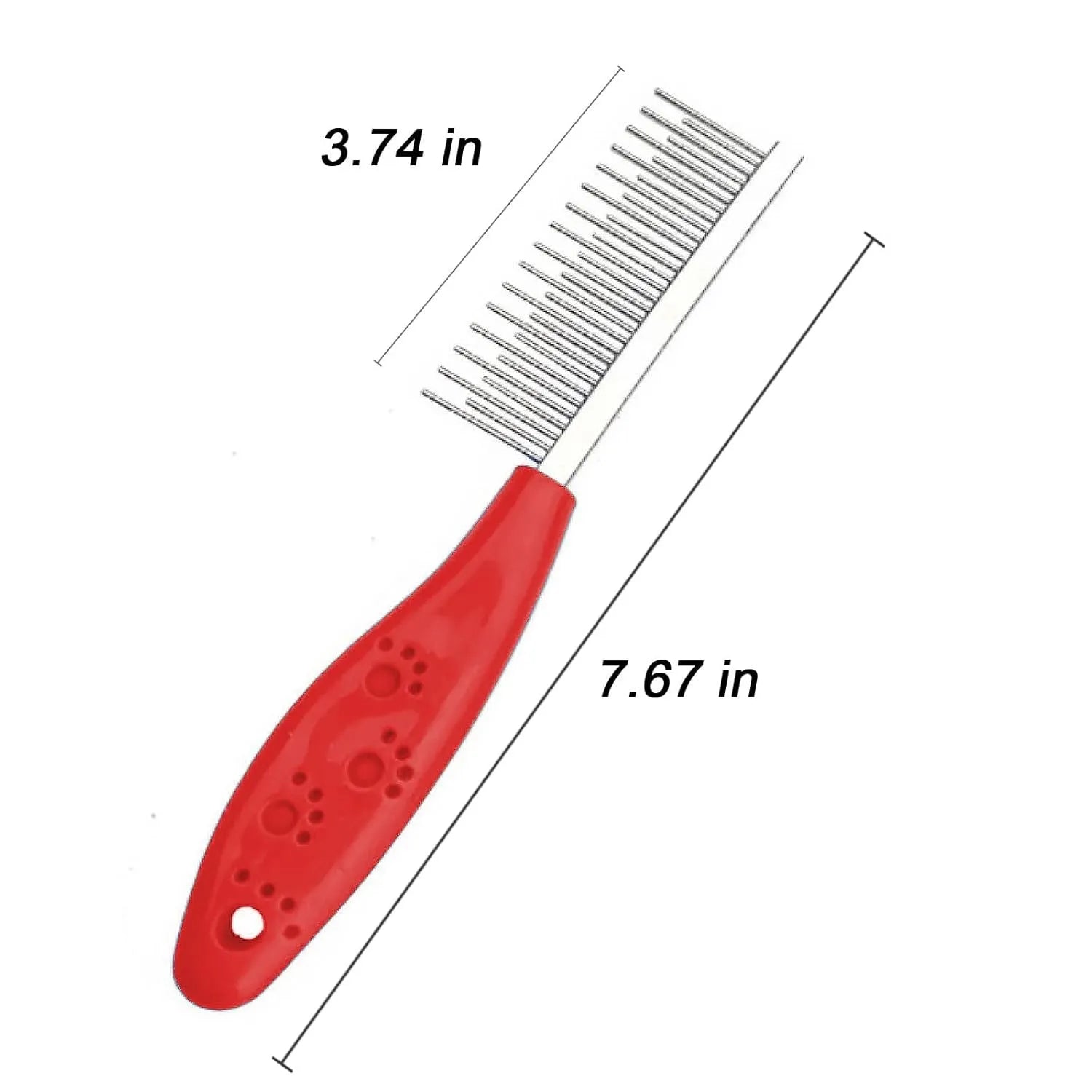 Red plastic handle pet grooming comb with two rows of stainless steel teeth, long and short, for detangling