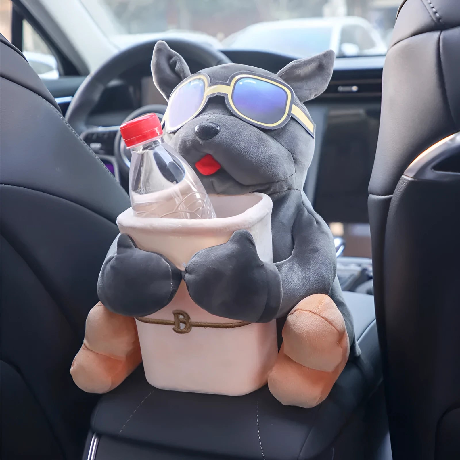 Plush car tissue box organiser hanging from vehicle flip armrest