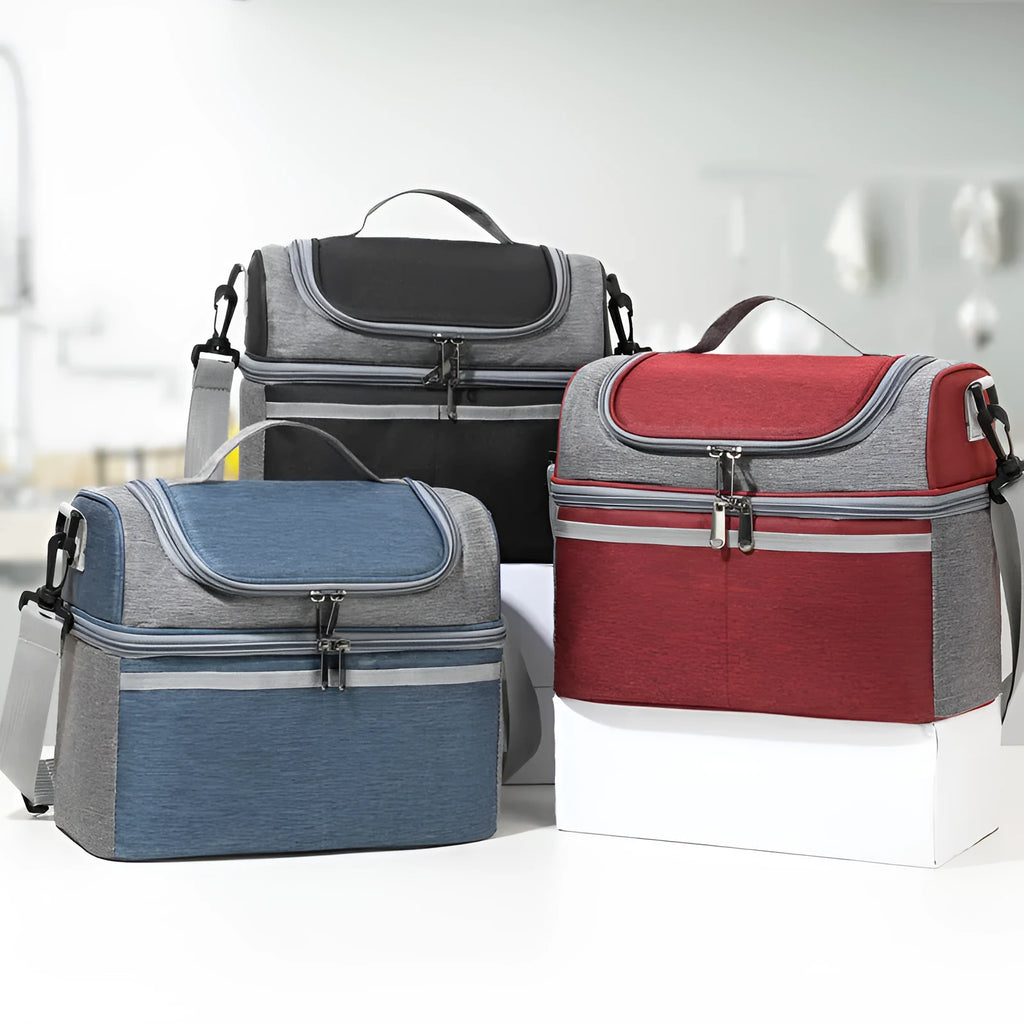 Double-layer colour matching lunch bag with thick aluminium foil insulated lining in Oxford cloth, black colour