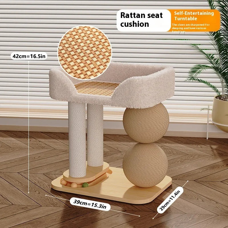 Simple pine wood cat nest with a sisal rope scratching ball attached.