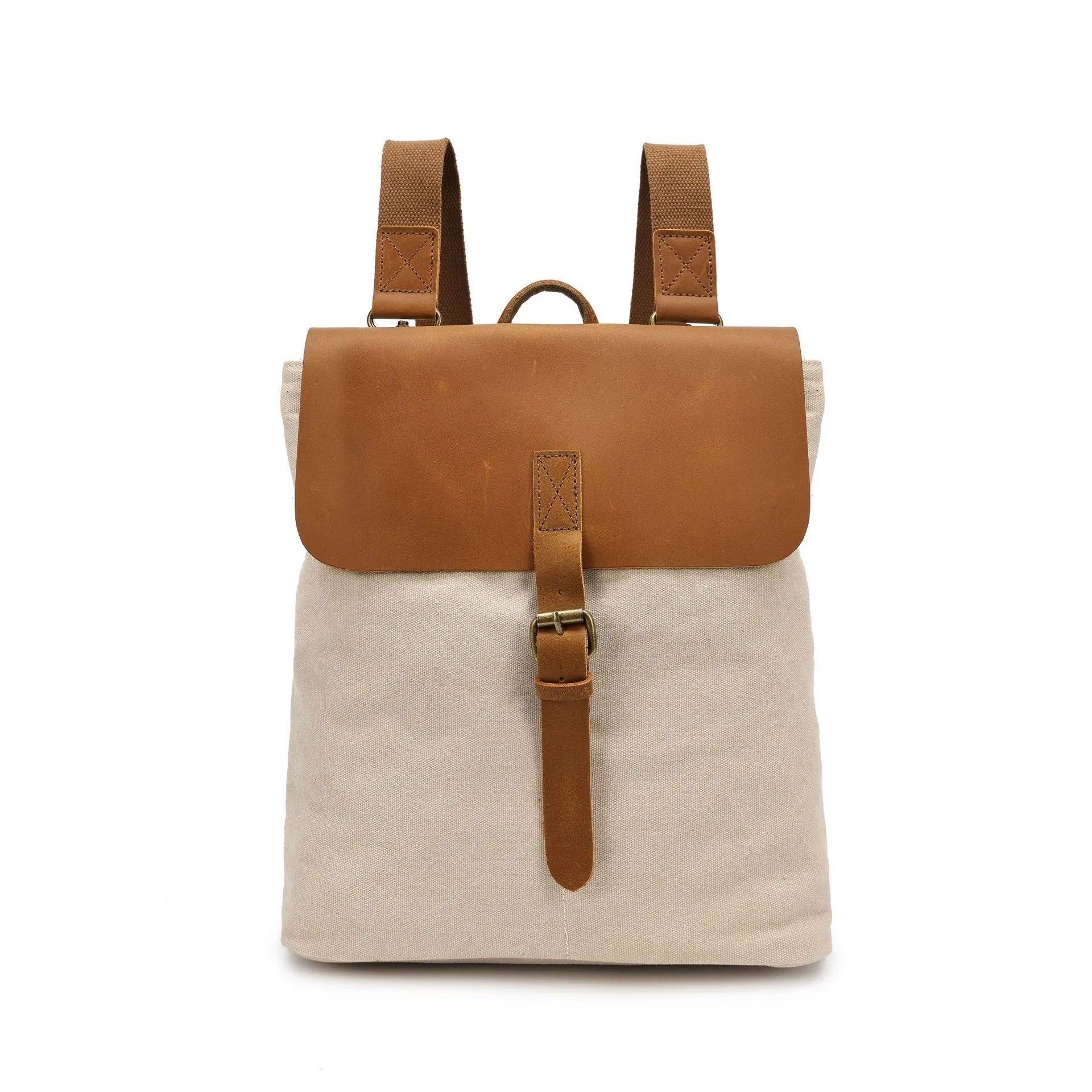 Crazy horse leather casual student backpack in waterproof canvas measuring 29×13×35cm