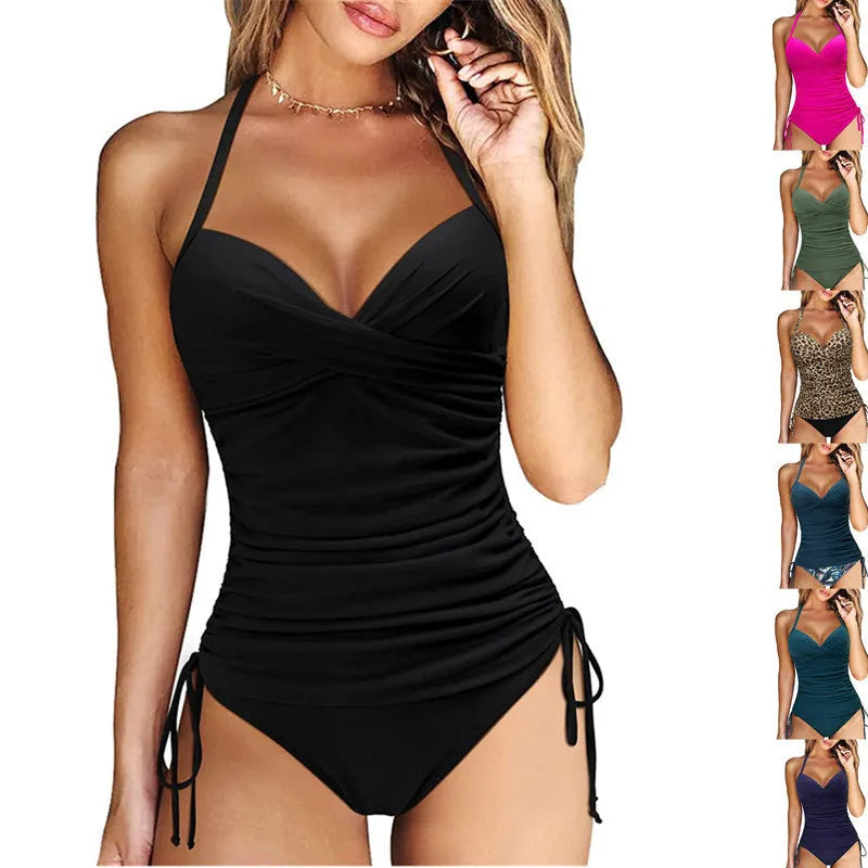Women's solid colour nylon bikini set with high-waist briefs in leopard print
