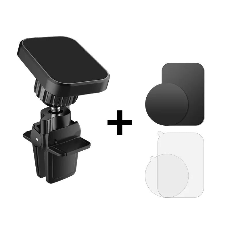 Black magnetic car phone holder attached to vehicle air vent with smartphone