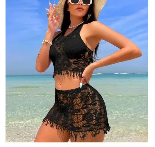 Women's black or white two-piece bikini with lace top and tassel skirt cover-up for swimming