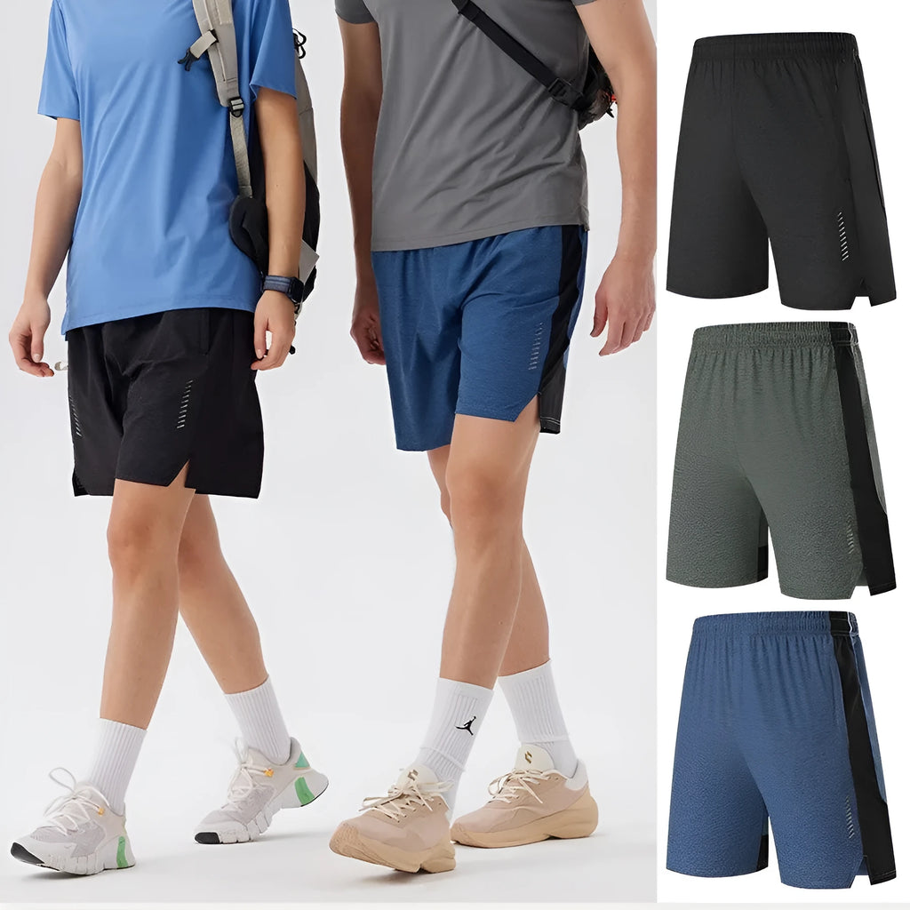 Men's forest green five-point stretch shorts laid flat.