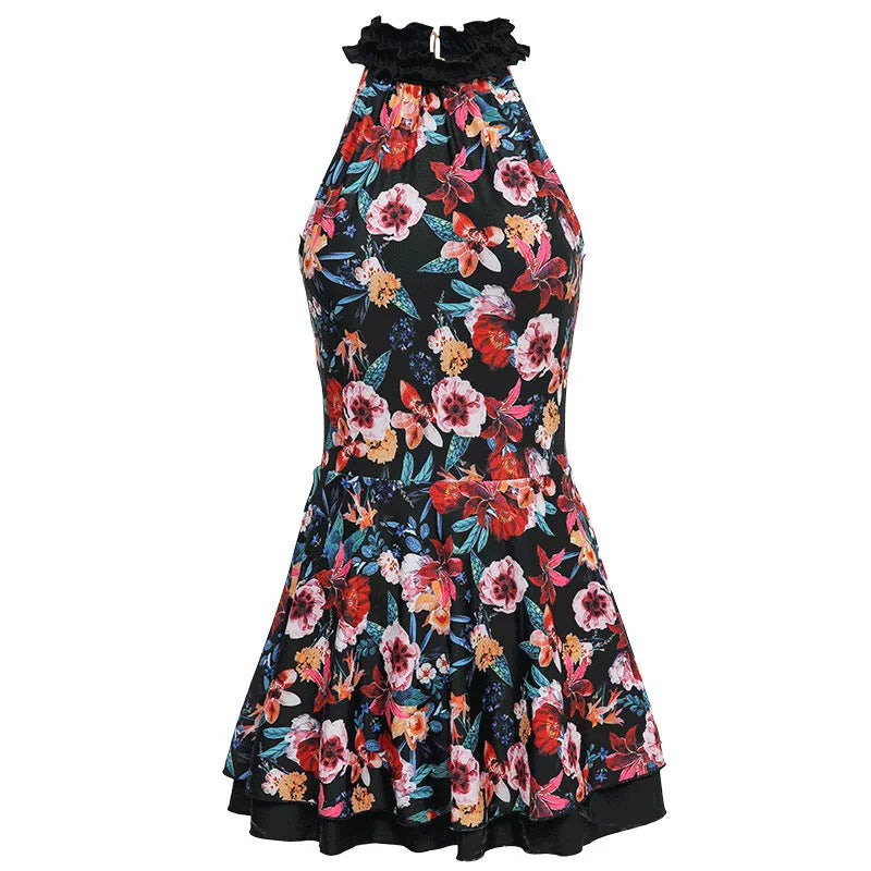 Black printed nylon one-piece swimsuit for women with conservative coverage design
