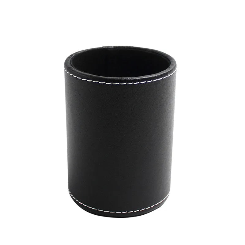 Round black leather pen holder with 8cm diameter and 10.8cm height cylindrical design