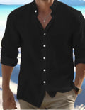 Men's light grey long-staple cotton casual beach shirt with collaged stitching detail.