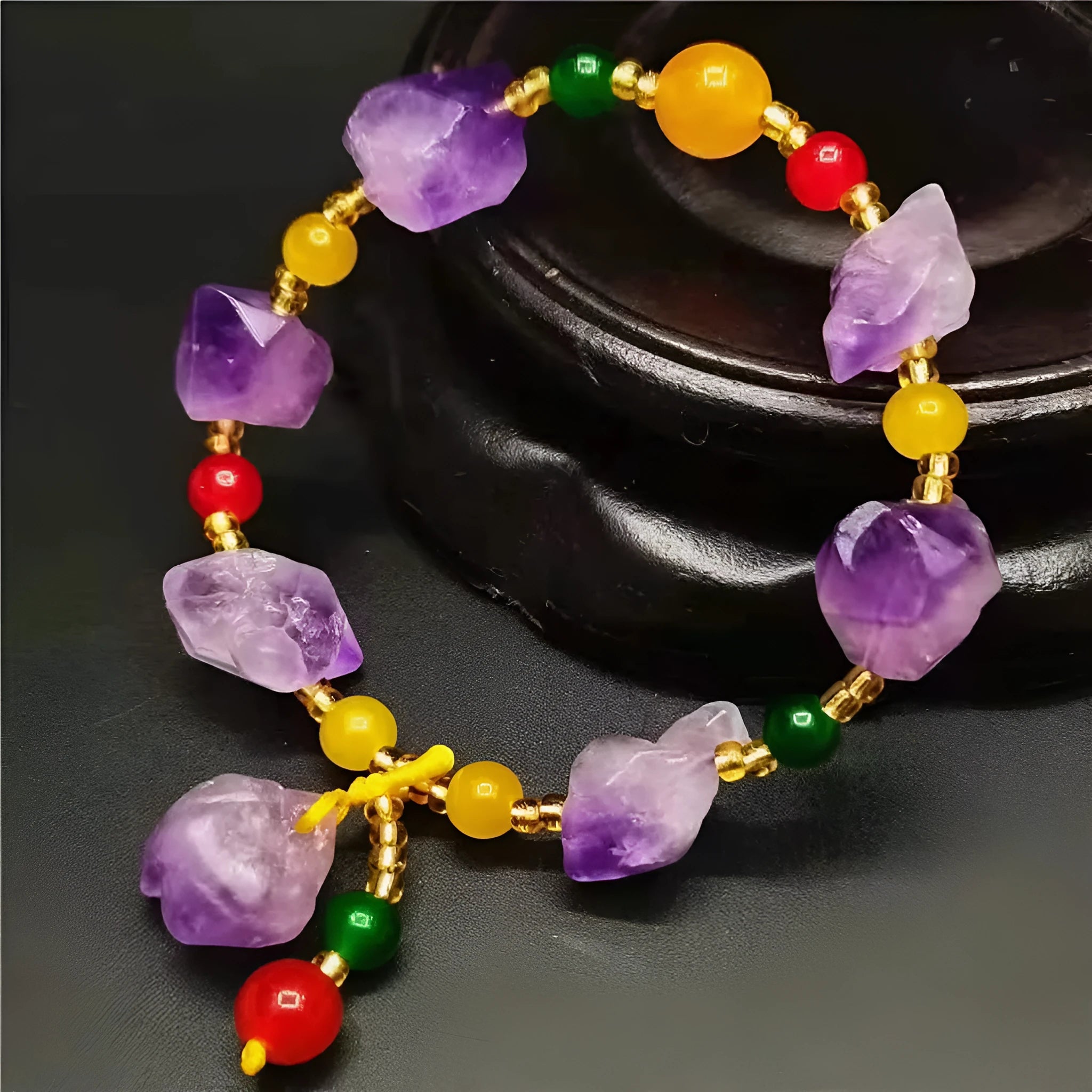 Natural style amethyst bead bracelet for women with a fu character charm.