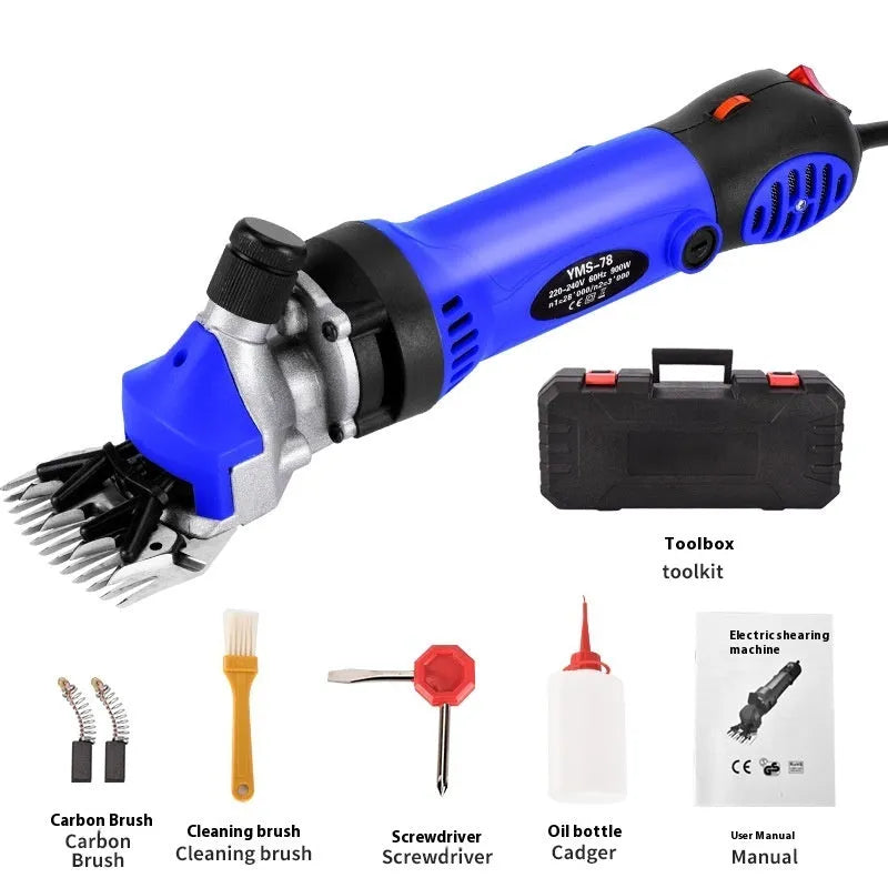 Yellow 110V electric wool shearing machine with multiple blade sets and maintenance tools