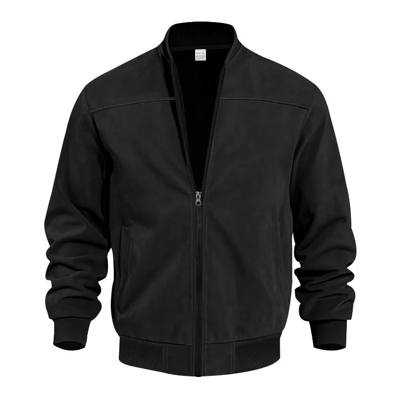 Men's plus size suede zip-up casual jacket in army green colour on a hanger.