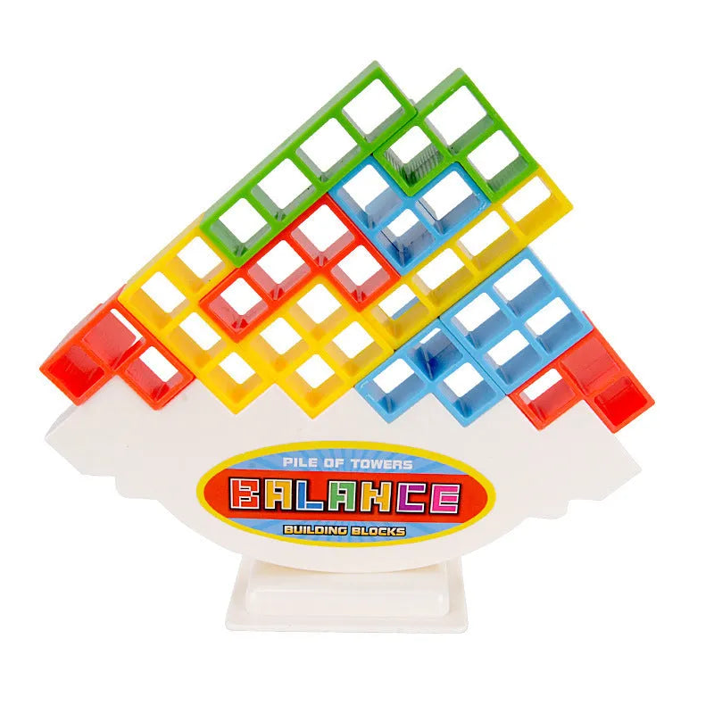 Plastic balance stacking board game with 16 colourful blocks, chassis, and base on a table.