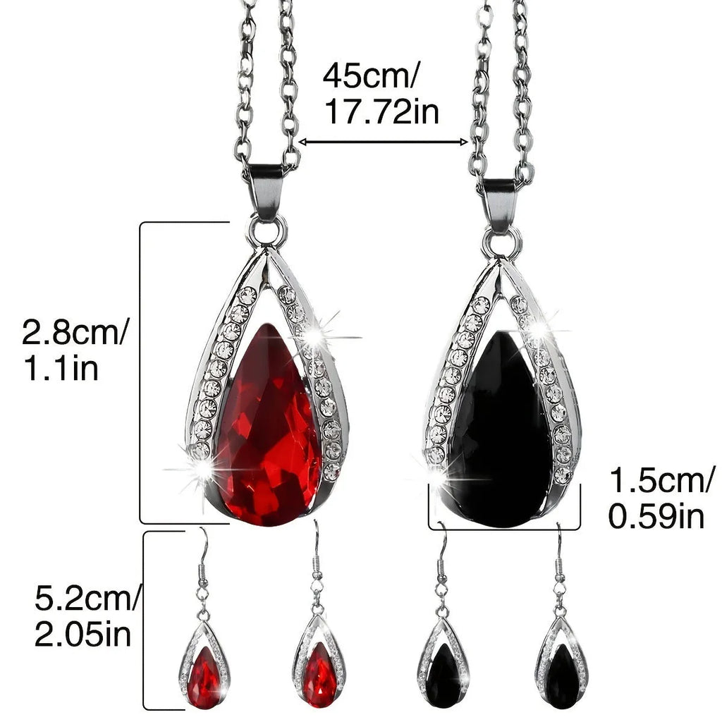 Black and red teardrop pendant necklace and matching alloy earrings set.