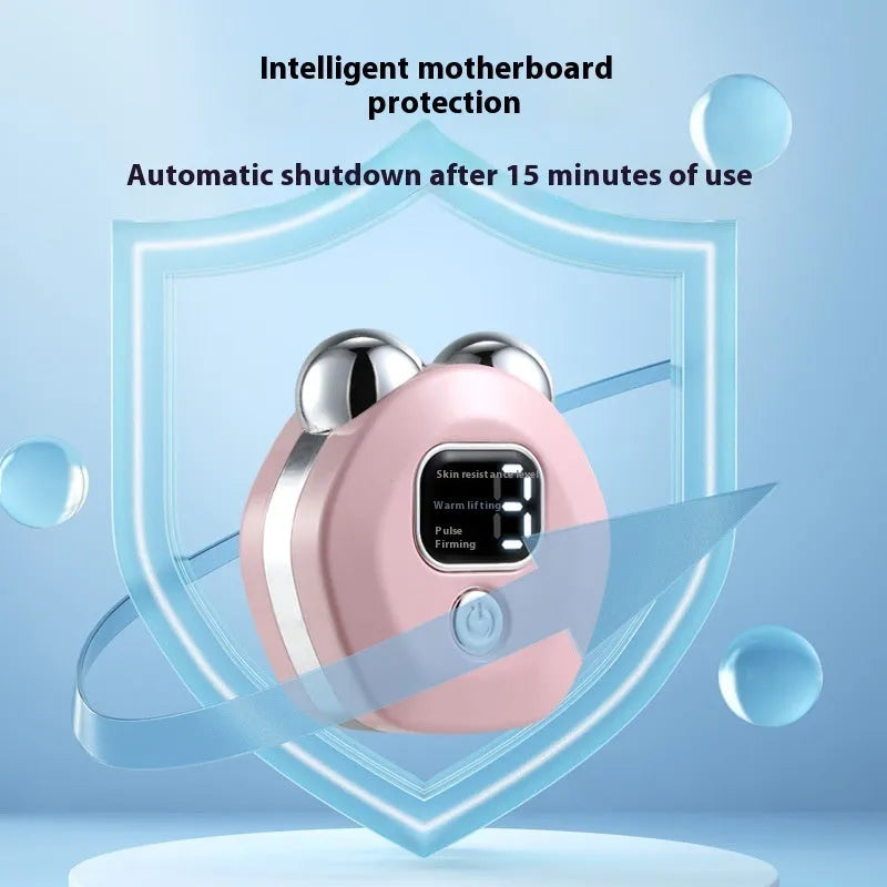 Portable hot compress micro current massage instrument in white, light blue, or pink colours with double-roller design