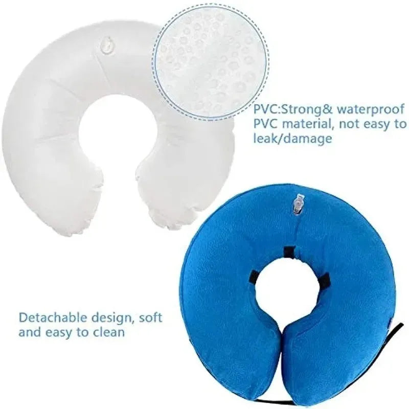 Blue inflatable soft recovery collar for a dog, shown as an alternative to a plastic cone.