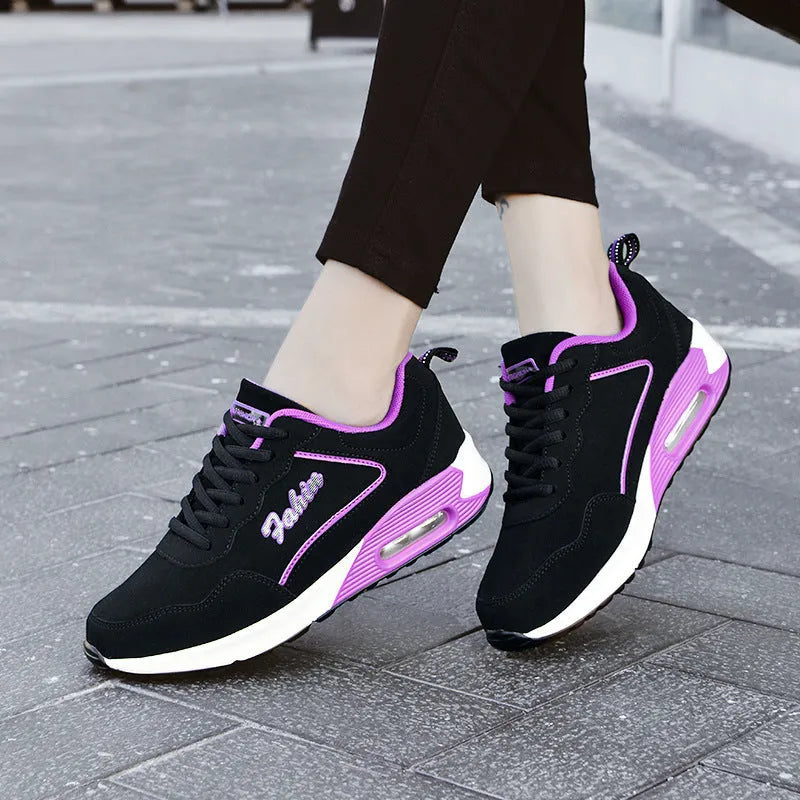 Women's plus size air cushion sports shoes, artificial leather, round toe, lace-up, low top, flat heel, in black pink colourway