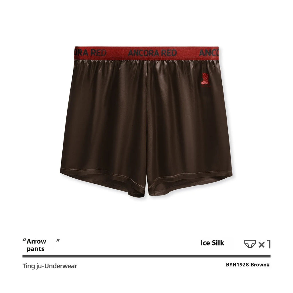 Solid colour men's boxer briefs in black, red, blue, silver, purple, and brown on a mid-waist fit.