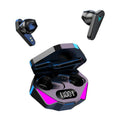 Black wireless in-ear Bluetooth headphones with charging case, showing low-latency gaming connectivity