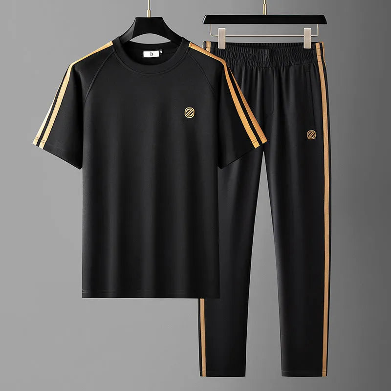 Men's blue short sleeve suit set with ice silk polyester fabric shown with top and pants