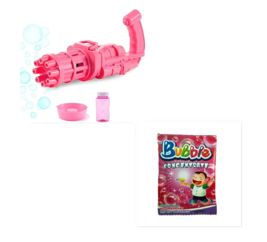 Children's ABS plastic bubble gun machine in pink with trigger and bubble head, used as a toy for outdoor parties