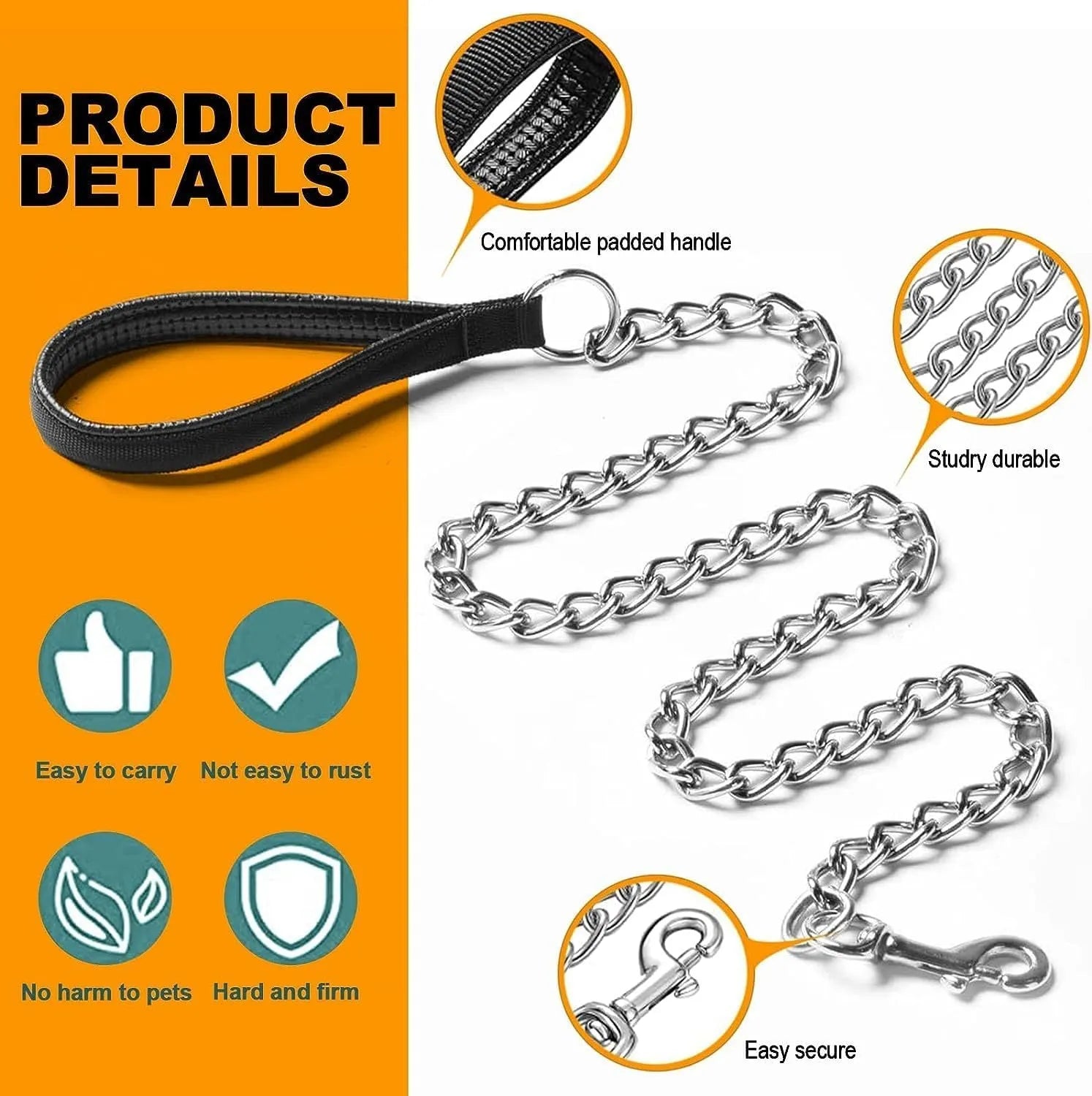 Heavy duty metal dog leash with soft black padded handle and silver chain, shown in red colour variant.