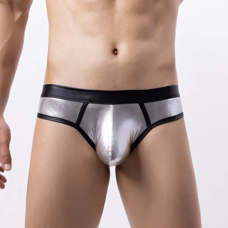 Men's patent leather effect swim briefs bikini style in gold, silver, or red polyester swimwear
