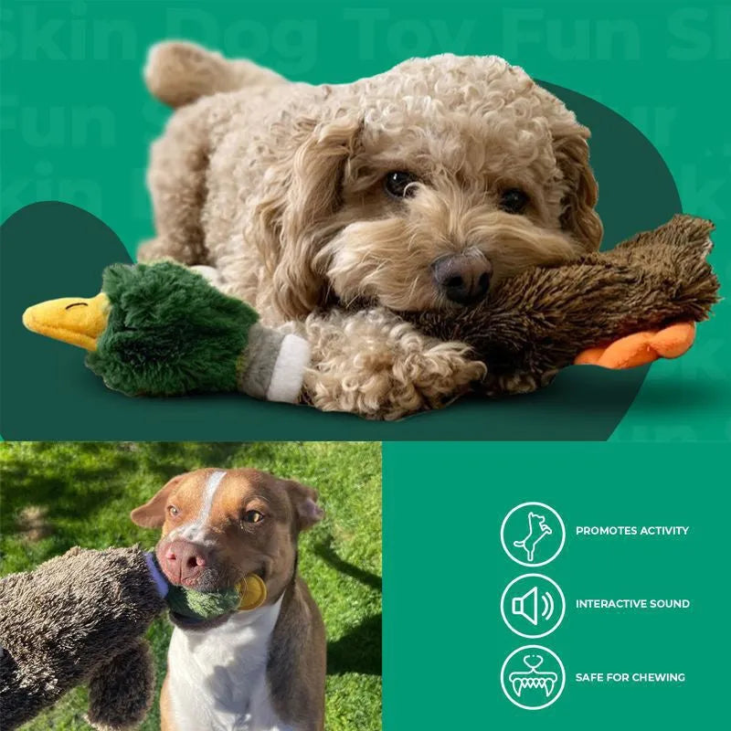 Green wild duck stuffless squeaky dog toy with soft plush fabric