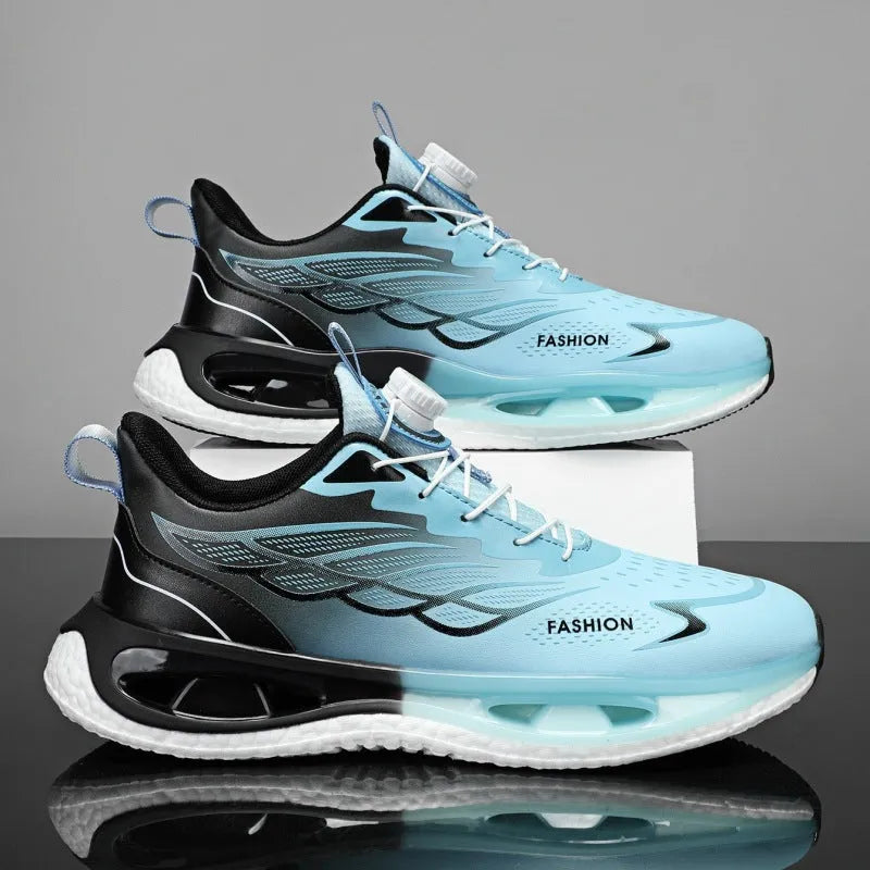 Youth button sneaker with shock absorption rotating sole in light blue, black, or white and blue colours