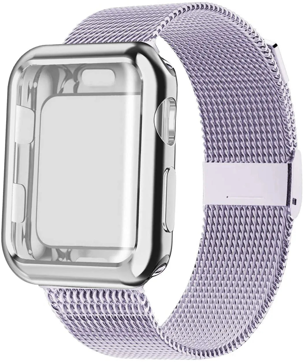 Magnetic Milanese metal loop band for Apple Watch in silver, shown attached to a watch.