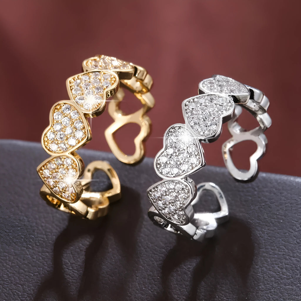 Adjustable opening copper couple's ring with love heart design in gold or silver colour