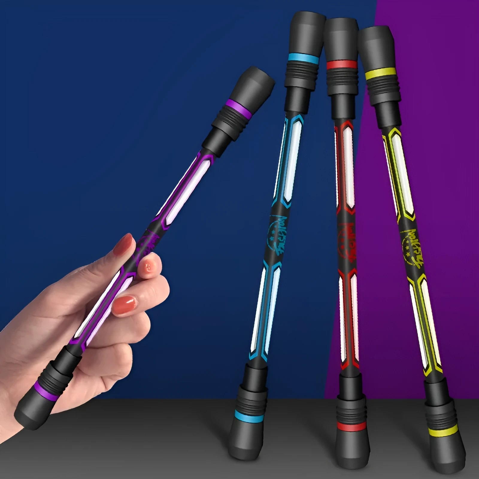 Frosted grip spinning pen with 0.35mm fine writing tip showing anti-slip silica gel section