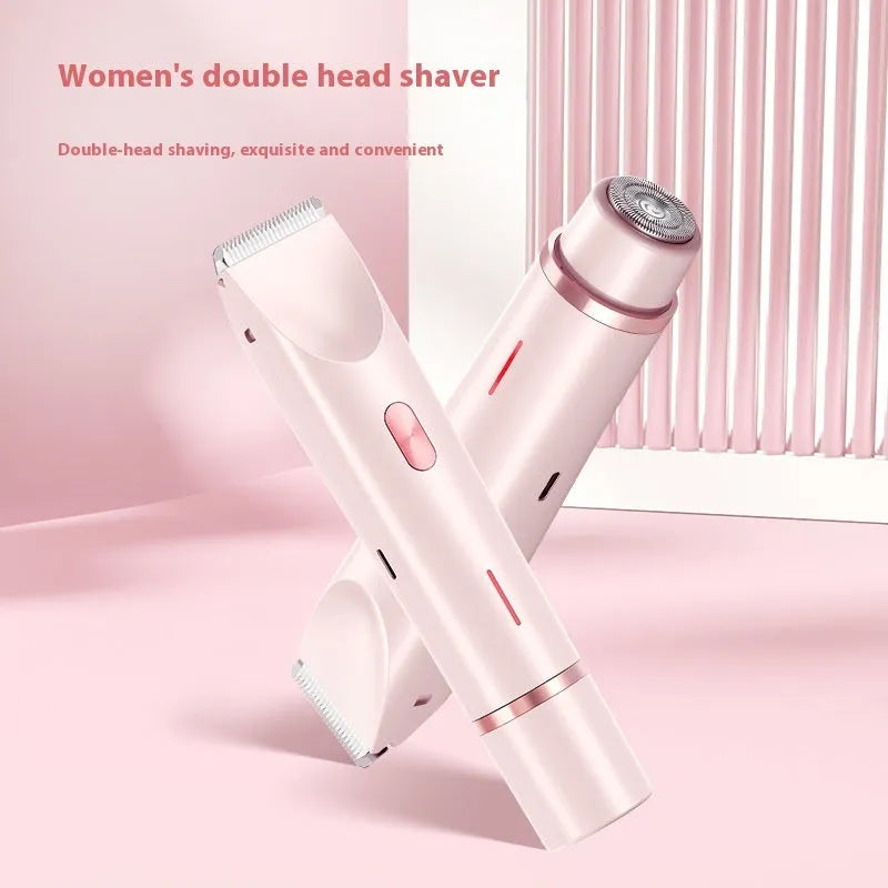Pink women's electric body hair trimmer and shaver with USB cable on a white background