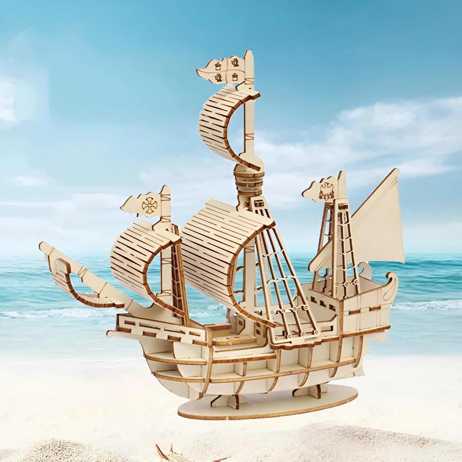 Wooden pirate ship assembled model kit with sticker details, 17x21cm, for teenagers aged 7-14